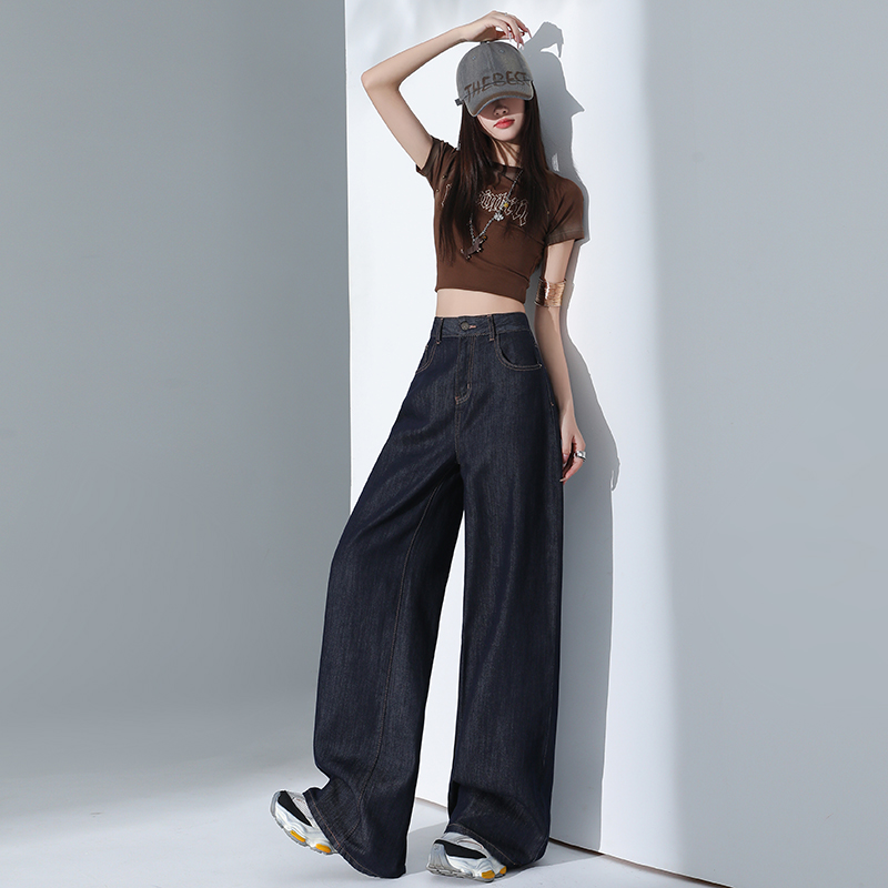 High waist navy-blue pants mopping jeans for women