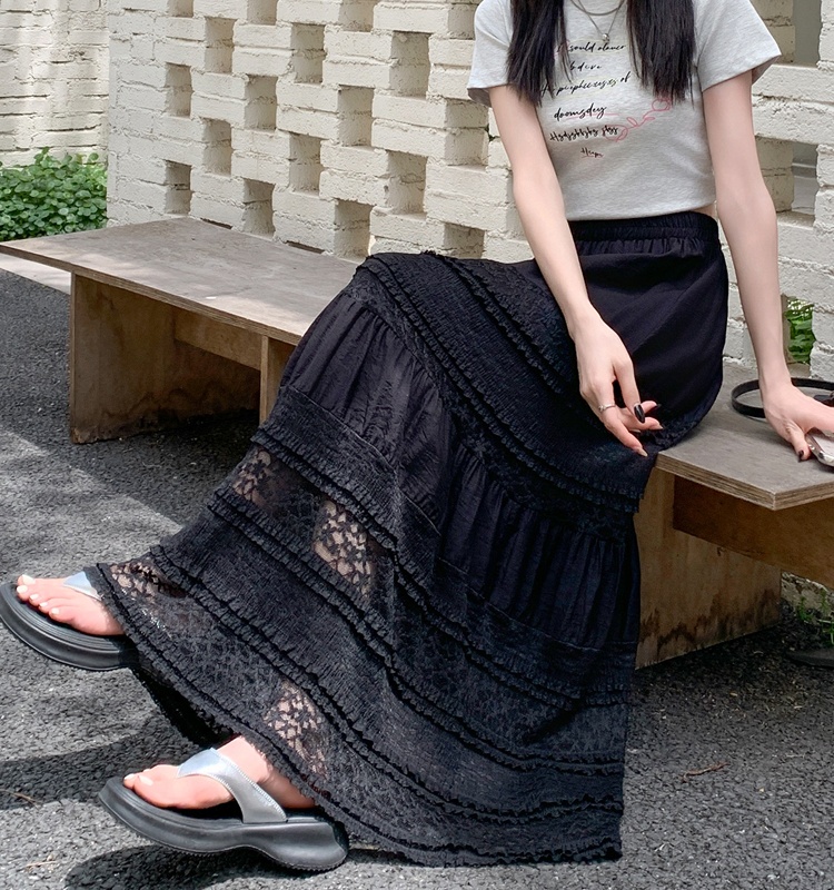 Korean style splice skirt lace long skirt for women