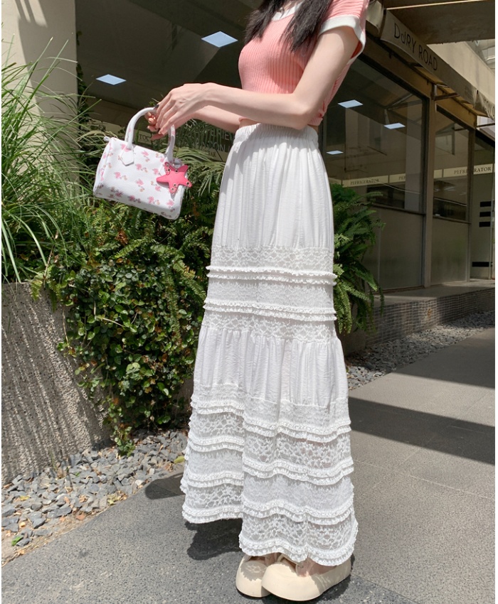 Korean style splice skirt lace long skirt for women