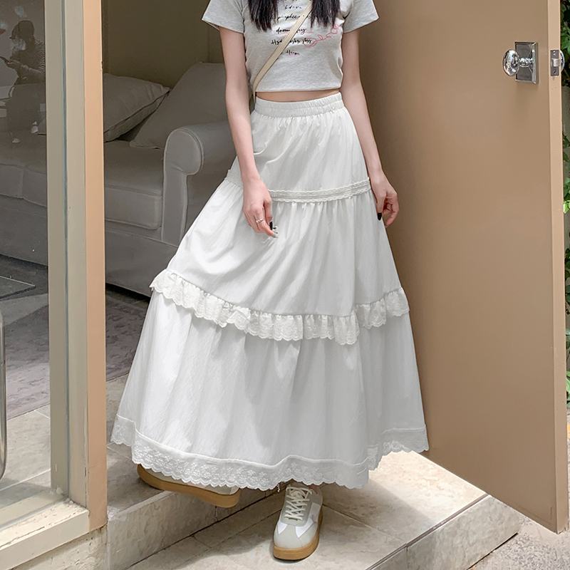 Long cake A-line lace summer white skirt for women