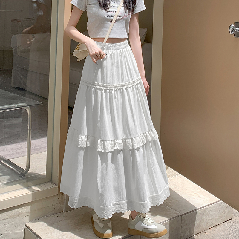Long cake A-line lace summer white skirt for women