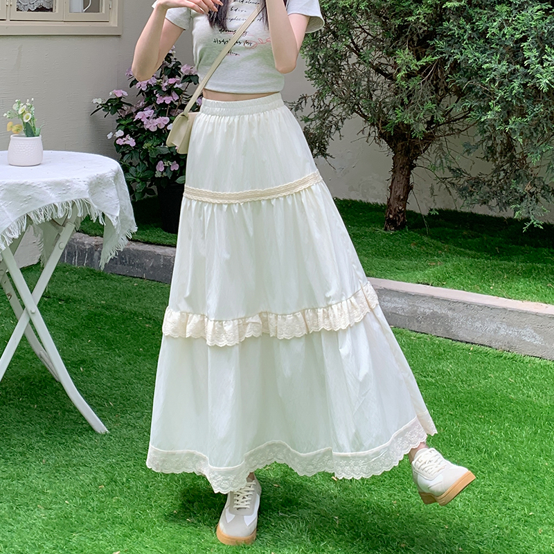 Long cake A-line lace summer white skirt for women