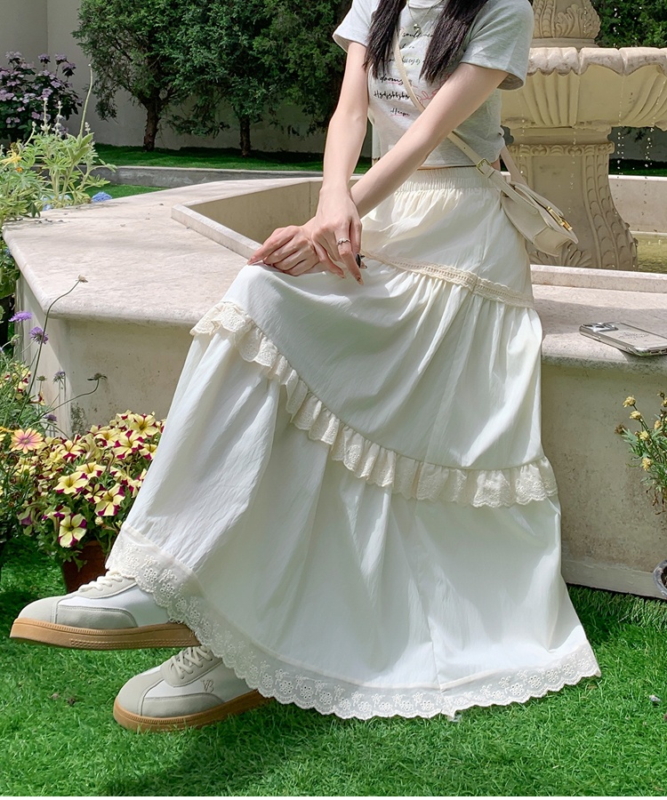 Long cake A-line lace summer white skirt for women