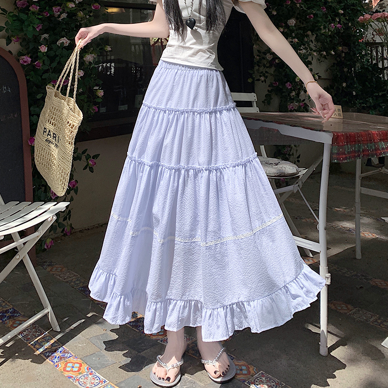 Cake lace summer lotus leaf edges blue long skirt for women