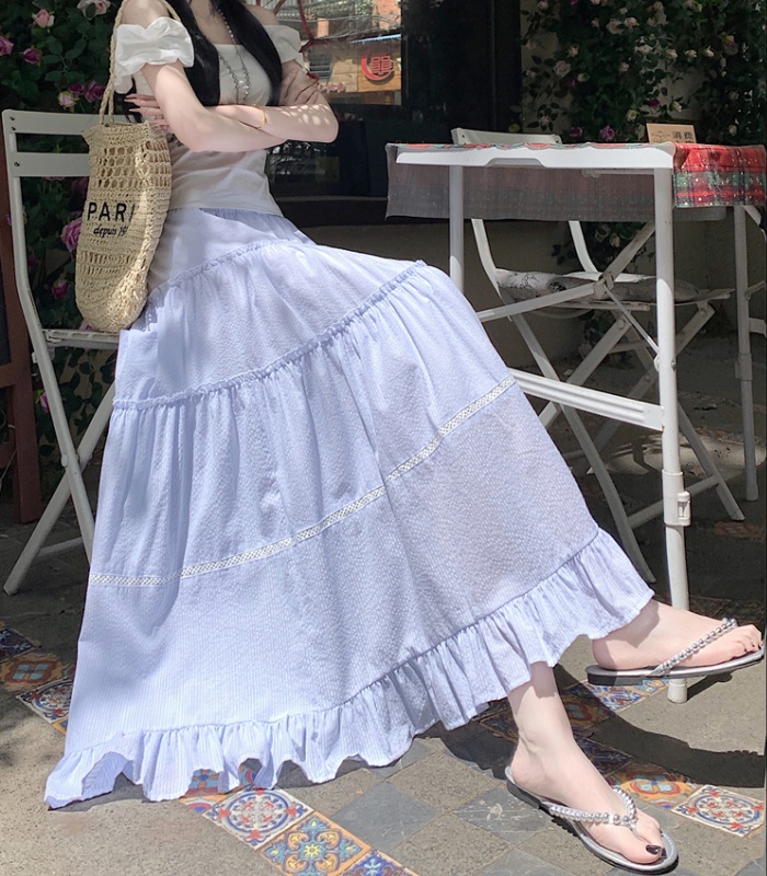 Cake lace summer lotus leaf edges blue long skirt for women