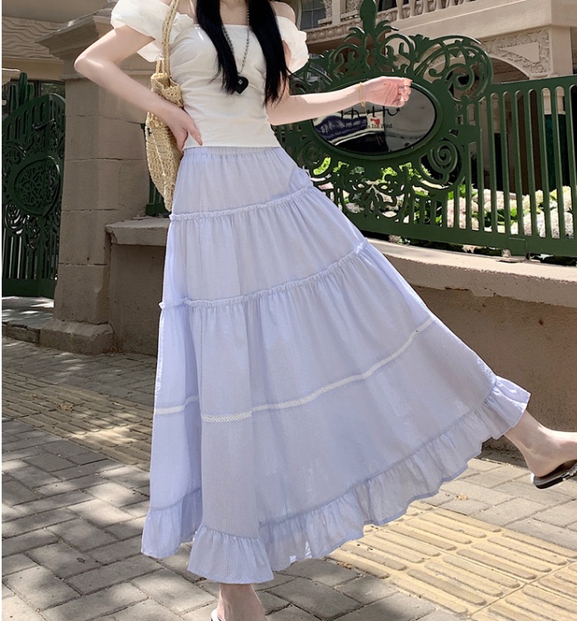 Cake lace summer lotus leaf edges blue long skirt for women