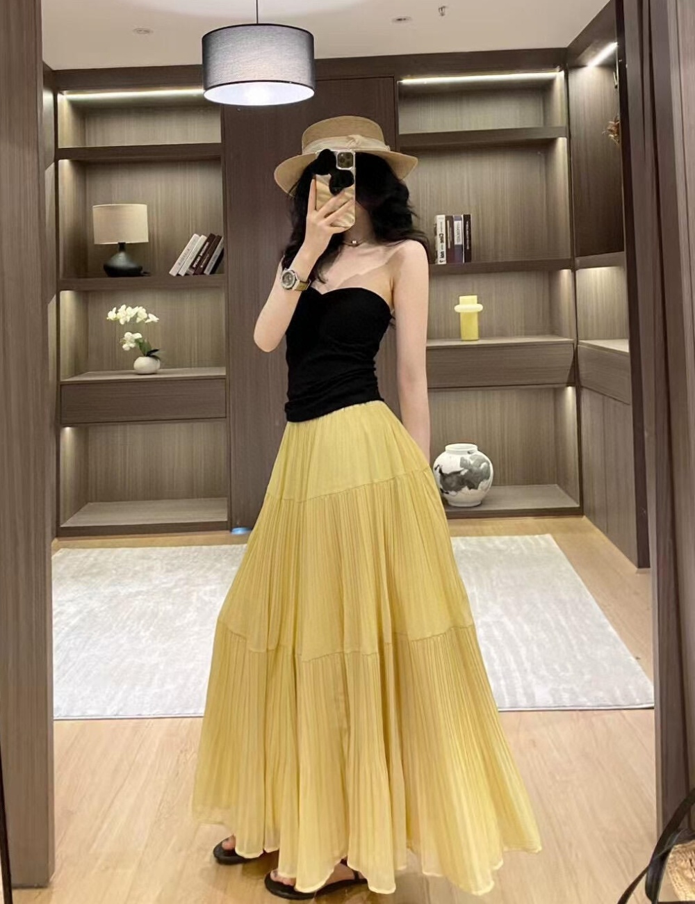 High waist slim tops crimp long skirt a set for women