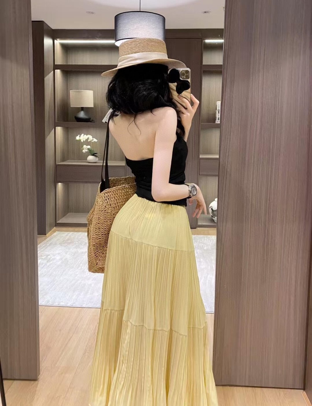 High waist slim tops crimp long skirt a set for women