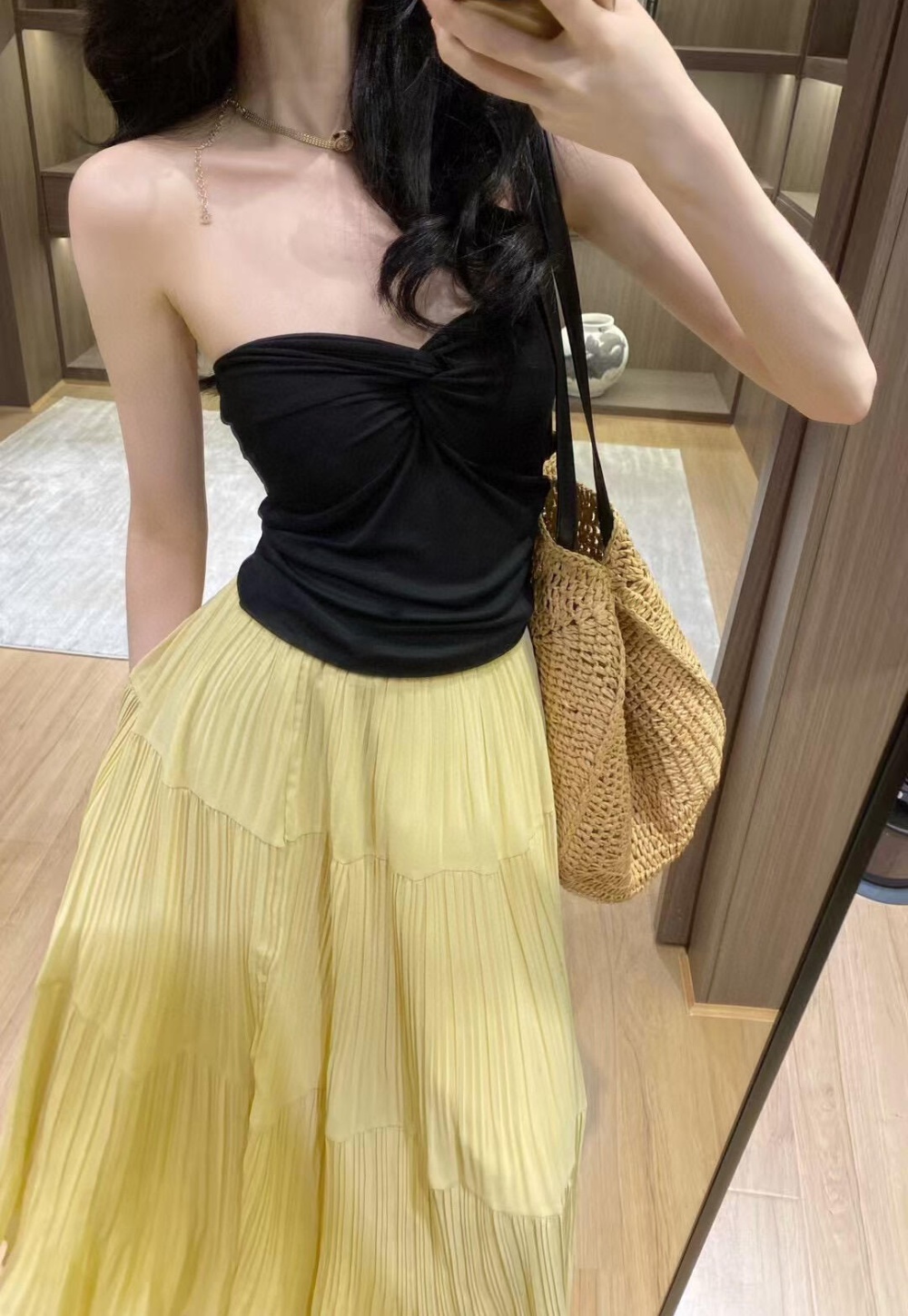 High waist slim tops crimp long skirt a set for women