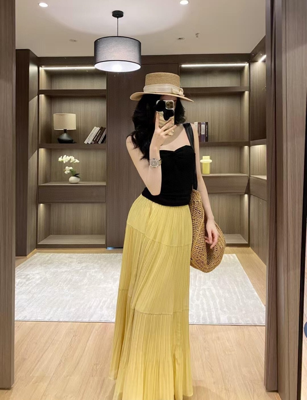 High waist slim tops crimp long skirt a set for women