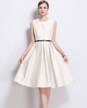 France style pinched waist long dress round neck jumpsuit
