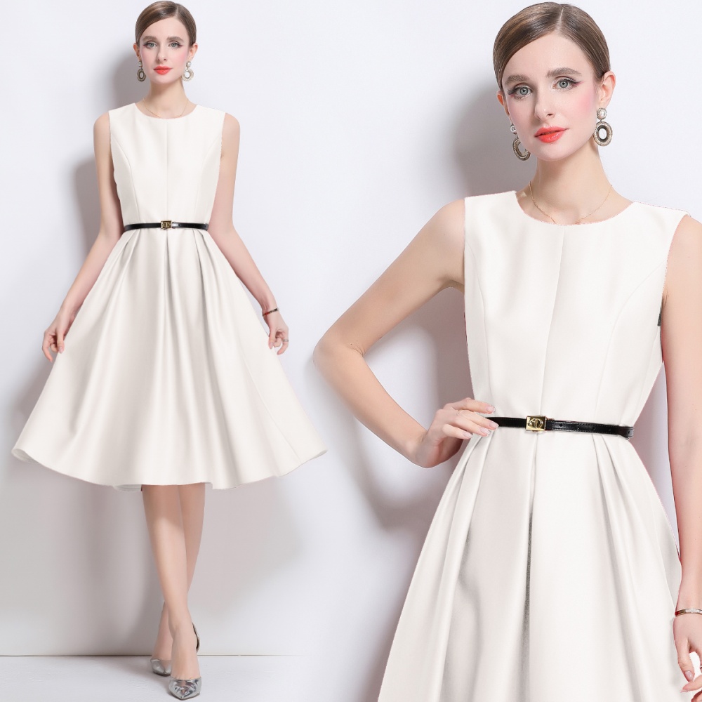 France style pinched waist long dress round neck jumpsuit