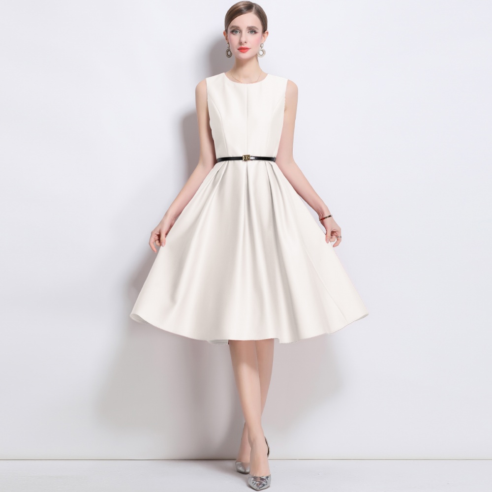 France style pinched waist long dress round neck jumpsuit