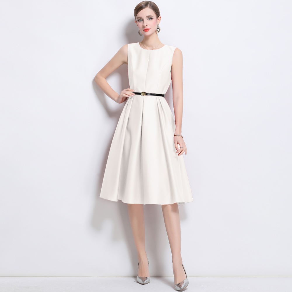 France style pinched waist long dress round neck jumpsuit