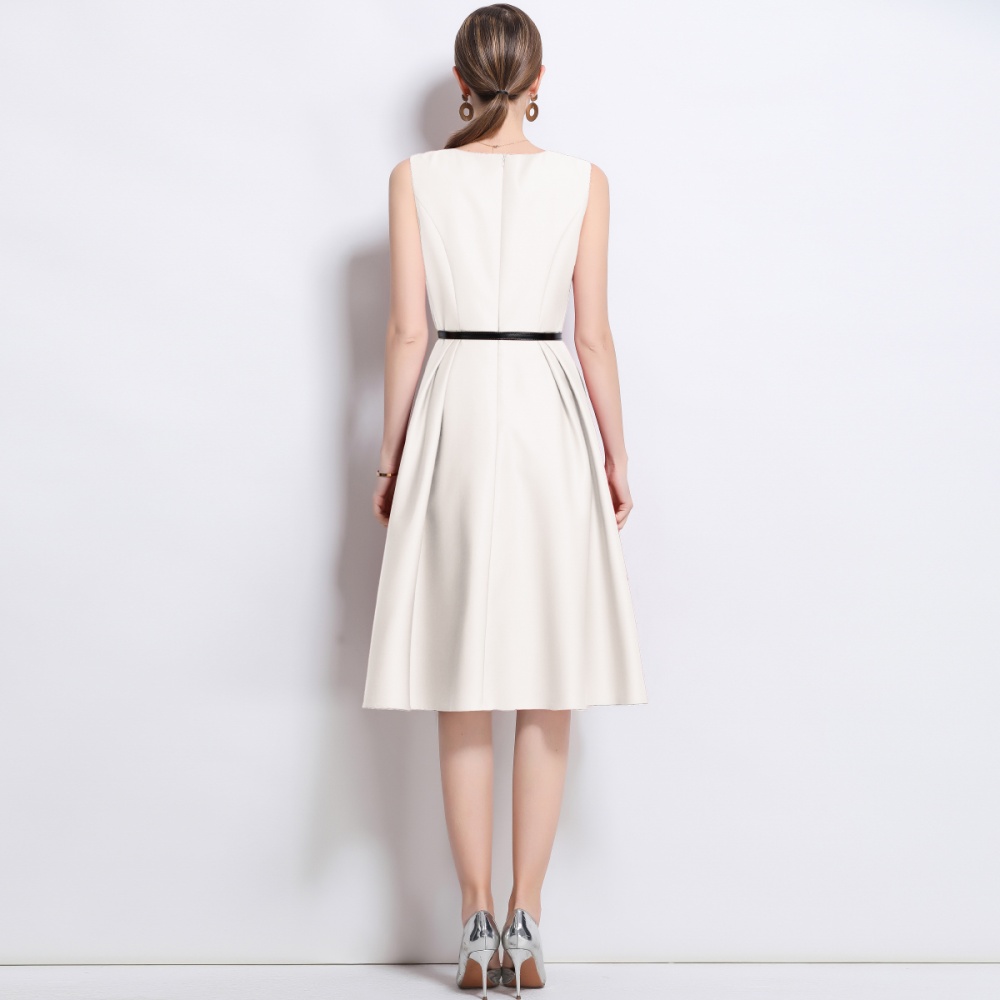 France style pinched waist long dress round neck jumpsuit