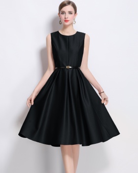 France style pinched waist jumpsuit round neck long dress