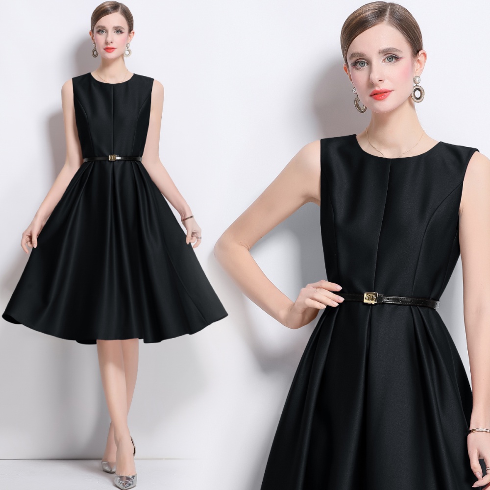 France style pinched waist jumpsuit round neck long dress