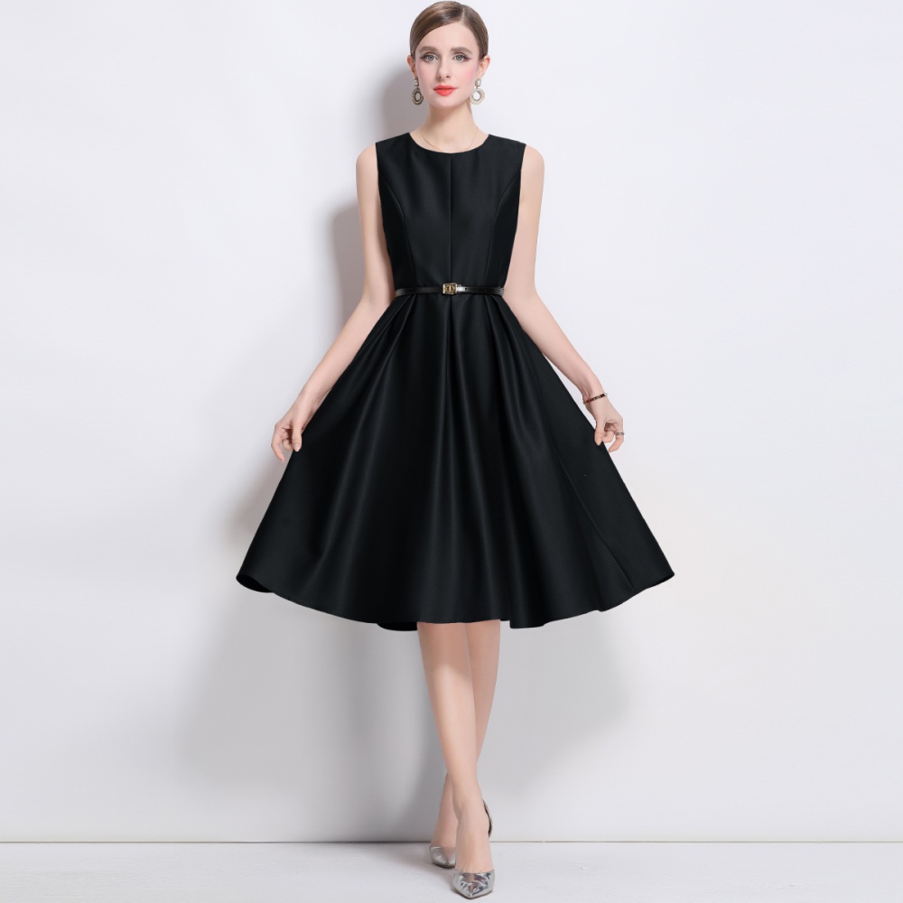 France style pinched waist jumpsuit round neck long dress
