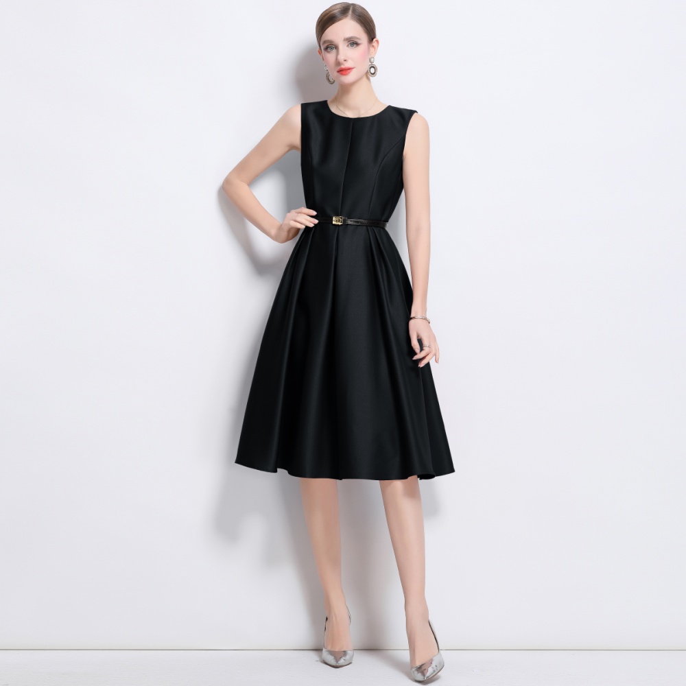 France style pinched waist jumpsuit round neck long dress