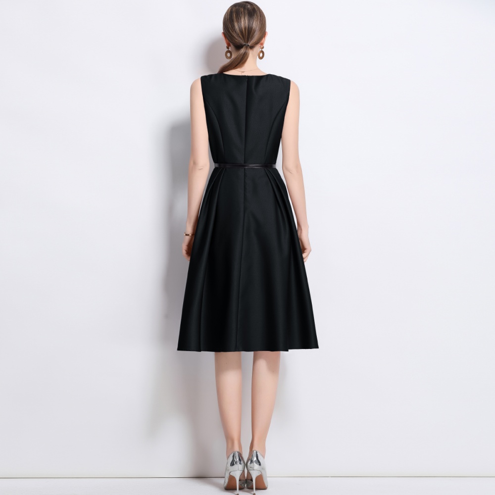 France style pinched waist jumpsuit round neck long dress