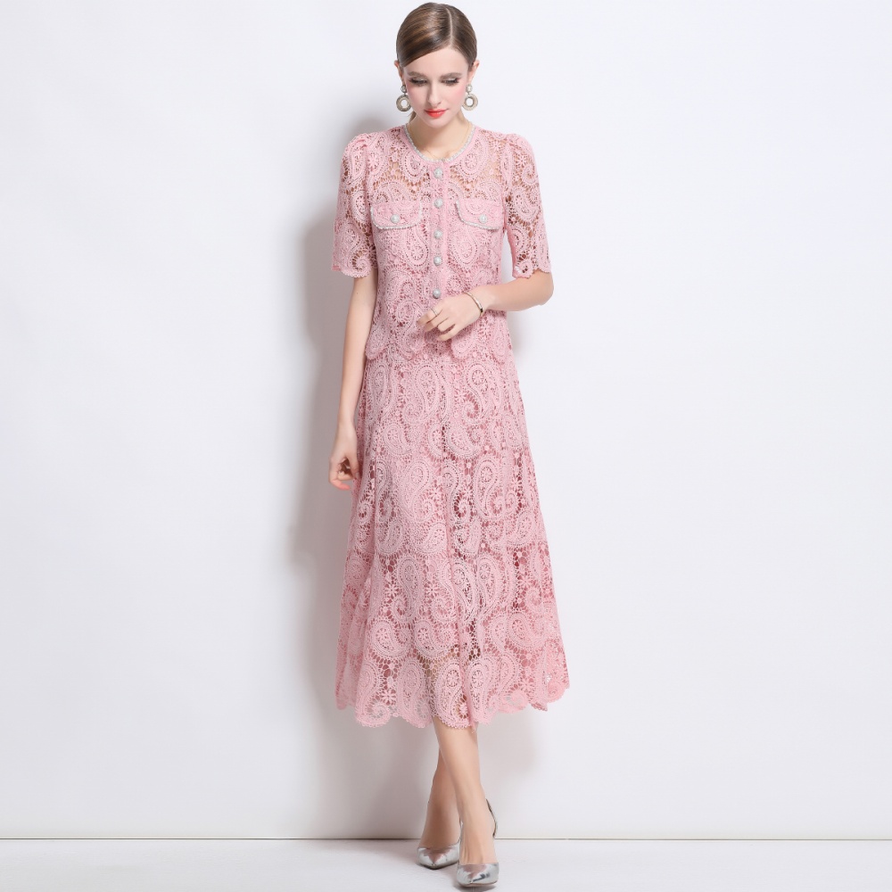 Lace slim skirt high waist puff sleeve tops 2pcs set for women