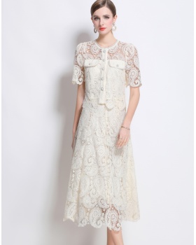 Puff sleeve lace skirt slim high waist tops 2pcs set for women
