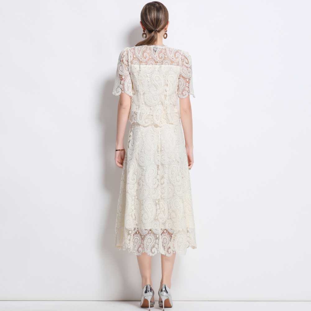 Puff sleeve lace skirt slim high waist tops 2pcs set for women