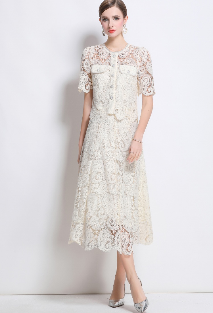 Puff sleeve lace skirt slim high waist tops 2pcs set for women