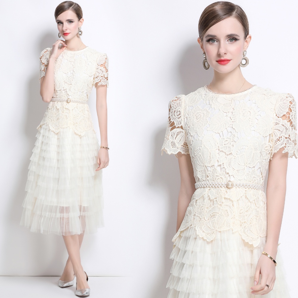 Elegant slim with belt light luxury gauze dress