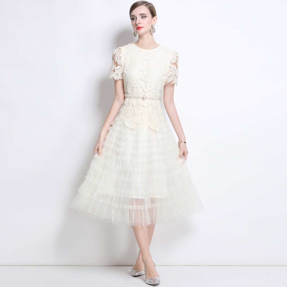 Elegant slim with belt light luxury gauze dress