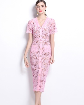 Tender temperament with belt lapel lace slim dress 2pcs set