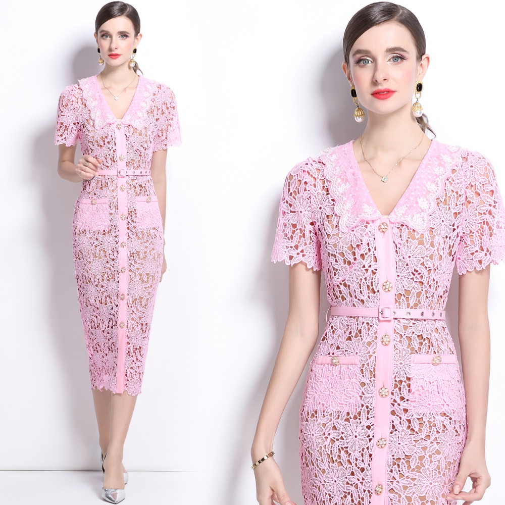 Tender temperament with belt lapel lace slim dress 2pcs set