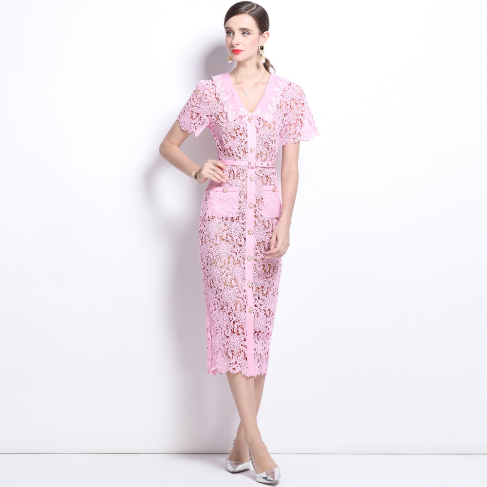 Tender temperament with belt lapel lace slim dress 2pcs set