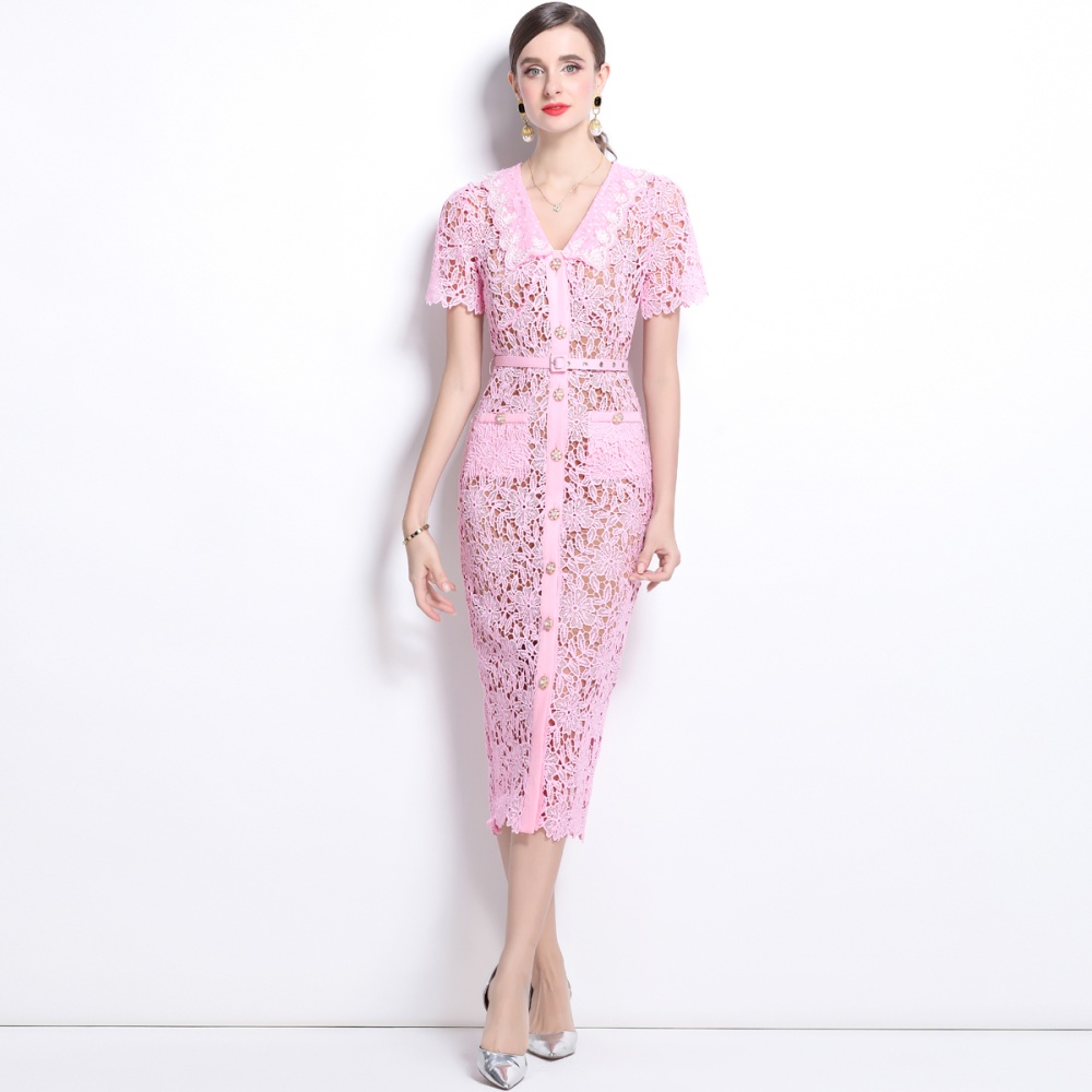 Tender temperament with belt lapel lace slim dress 2pcs set