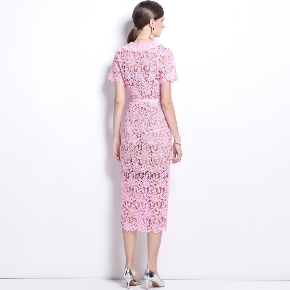 Tender temperament with belt lapel lace slim dress 2pcs set