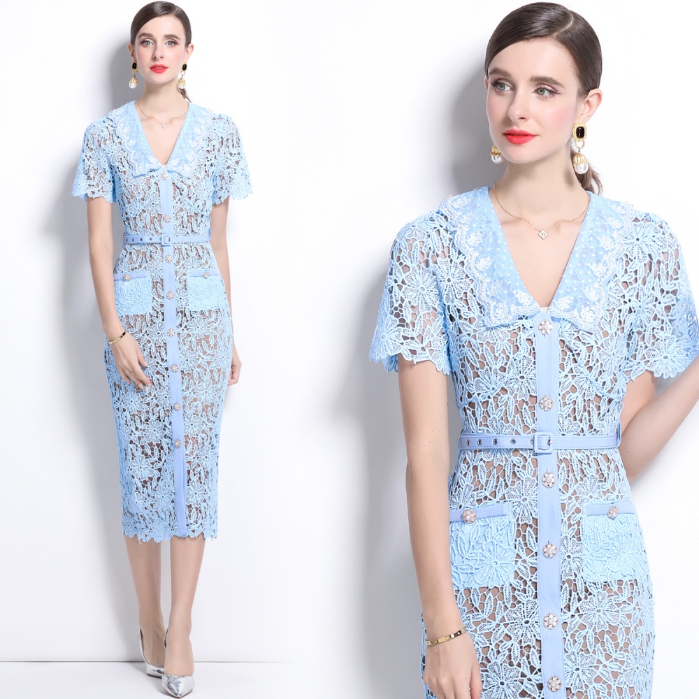 Temperament slim with belt lapel dress 2pcs set