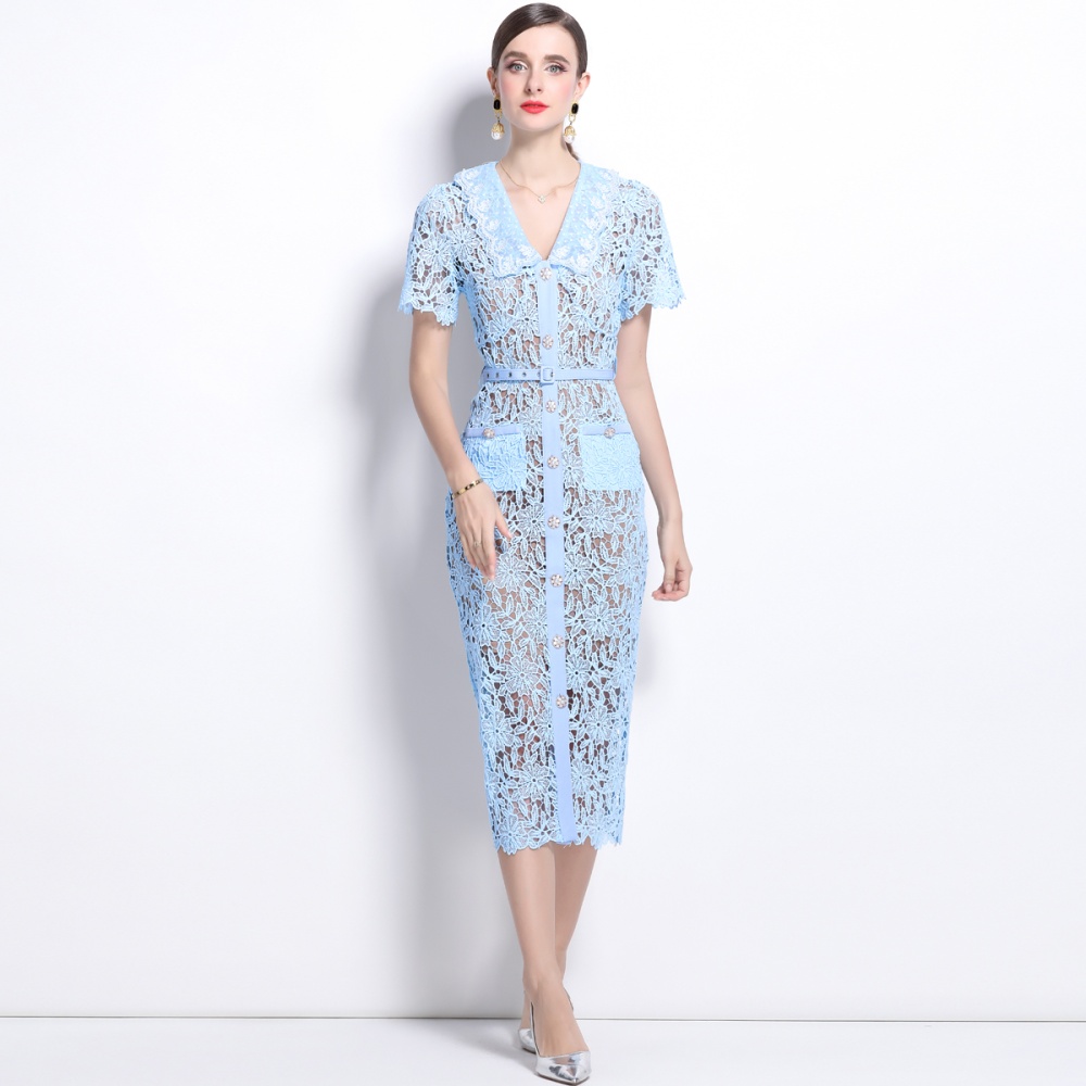 Temperament slim with belt lapel dress 2pcs set