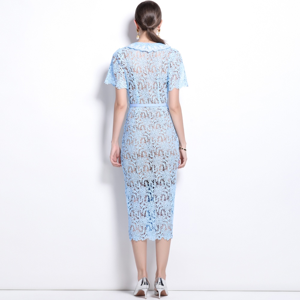 Temperament slim with belt lapel dress 2pcs set
