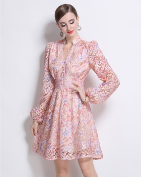 Sweet floral V-neck court style long dress for women