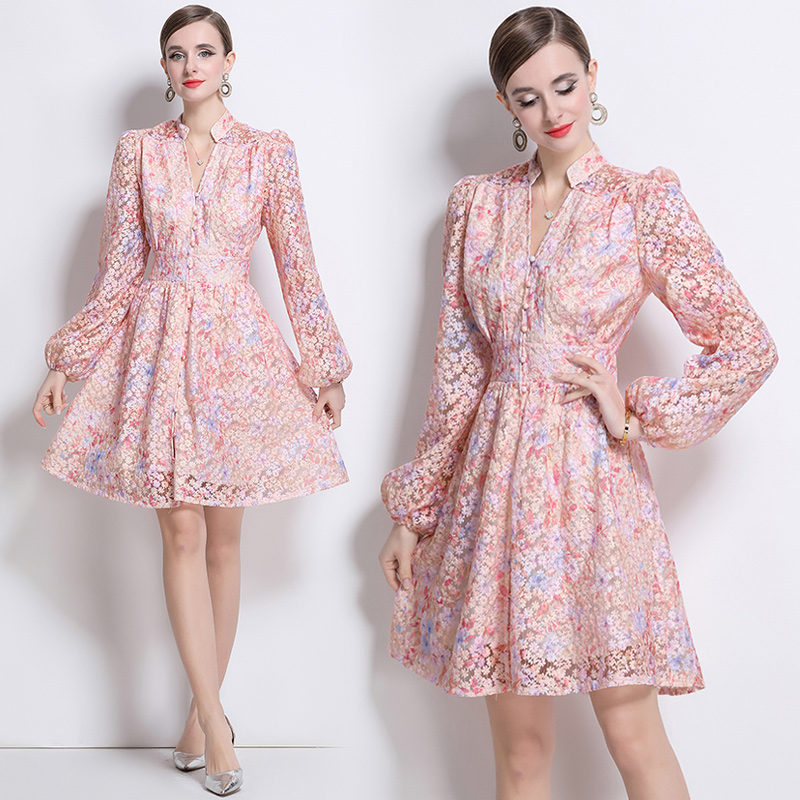 Sweet floral V-neck court style long dress for women