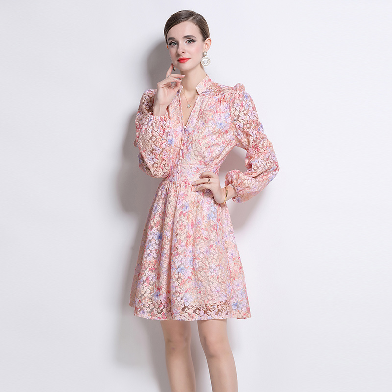 Sweet floral V-neck court style long dress for women