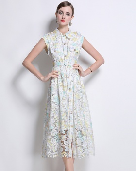 Temperament lace long dress lapel dress for women
