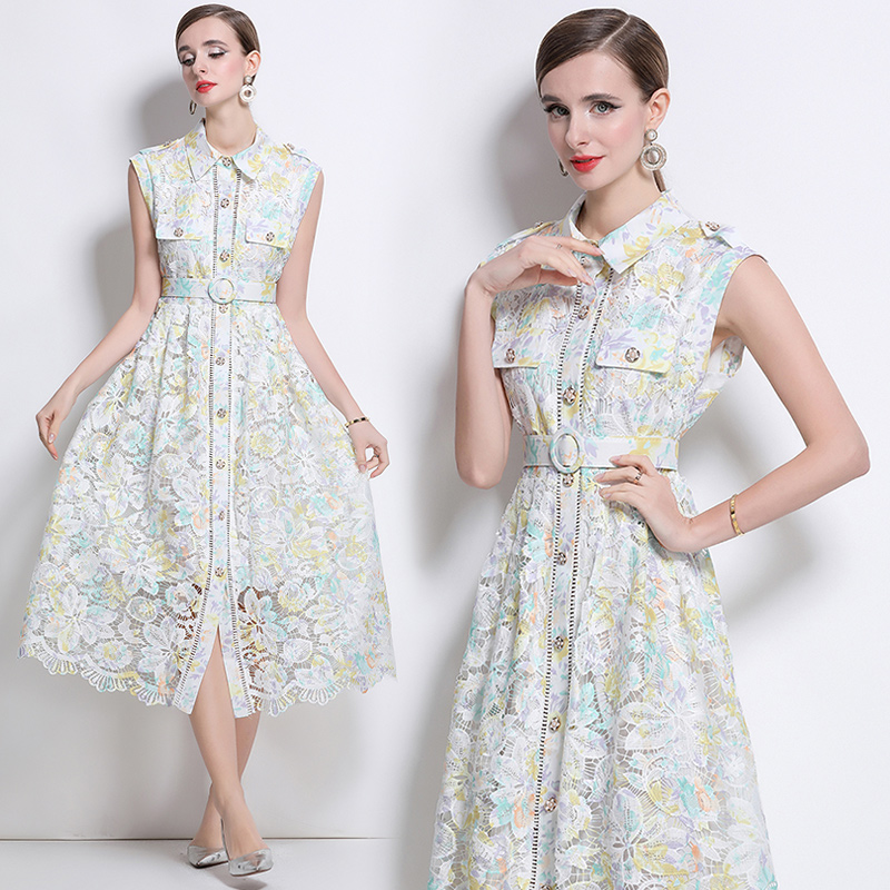 Temperament lace long dress lapel dress for women