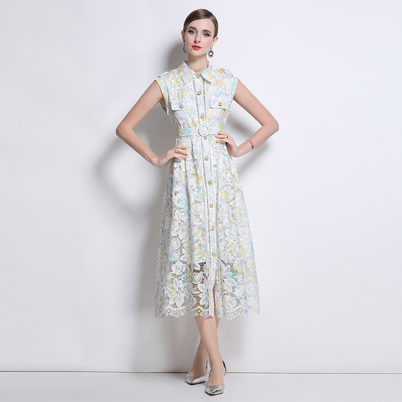 Temperament lace long dress lapel dress for women