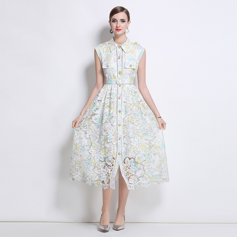Temperament lace long dress lapel dress for women
