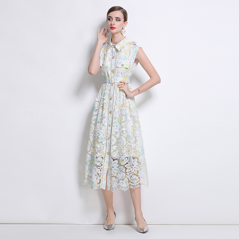 Temperament lace long dress lapel dress for women
