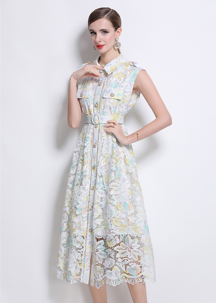 Temperament lace long dress lapel dress for women
