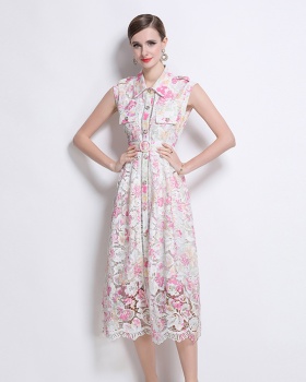 Lace lapel dress slim elegant long dress for women