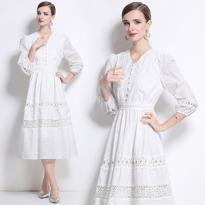 Lace slim white embroidery pinched waist dress for women
