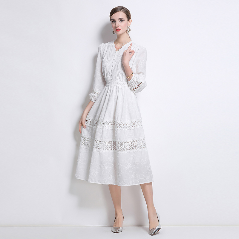 Lace slim white embroidery pinched waist dress for women